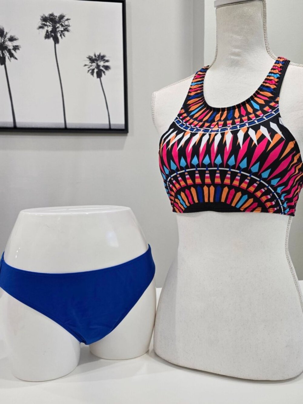 Tribal Print Bikini Set ✦ High-Neck Racerback Blue Bottoms ✦ Adjustable Stretch - Picture 2 of 8